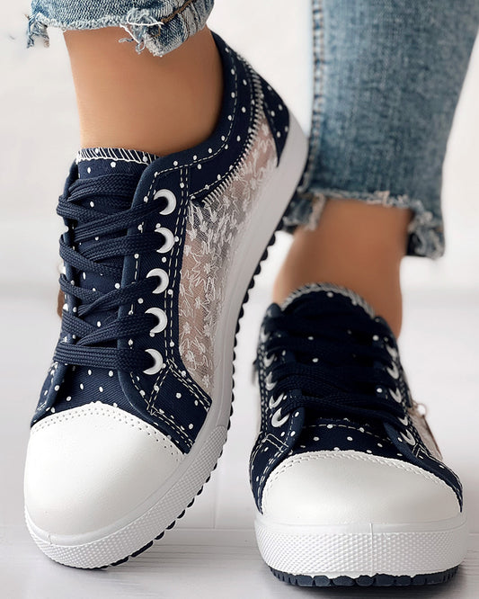 Floral Pattern Embroidery Dot Print Sneakers