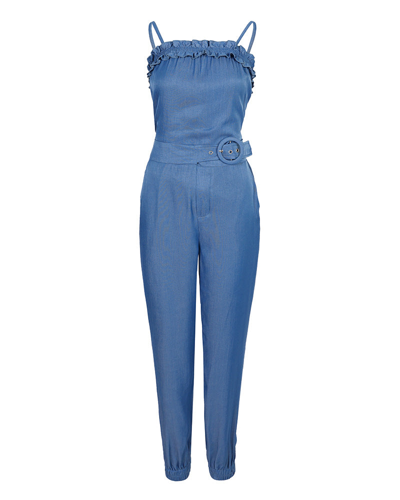 Women's Denim Look 2 Piece Set Adjustable Cami Frill Hem Top and High Waisted Cuffed Pants Set with Pockets