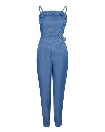 Women's Denim Look 2 Piece Set Adjustable Cami Frill Hem Top and High Waisted Cuffed Pants Set with Pockets