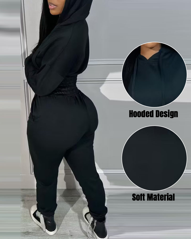 2 Pieces Outfit Drop Shoulder Kangaroo Pocket Stretchy Hem Crop Drawstring Hoodie Sweatshirt And Drawstring Elastic Waist Jogger Sweatpants Casual Tracksuit