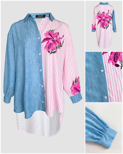 Striped & Floral Print Turn-down Collar Denim Look Spliced Button Front Blouse Casual High-Low Hem Top