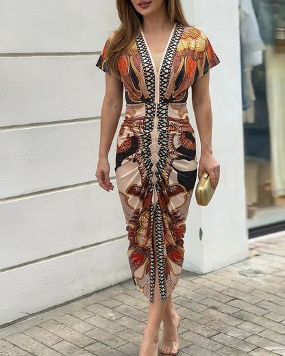 Vintage Baroque Print Deep V-Neck Short Sleeve Ruched Mid-length Dress Slim Fit Slit Front Vacation Dress