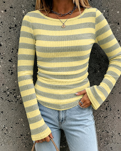 Women's Boat Neck Striped Long Flare Sleeve Ruched Knit Top