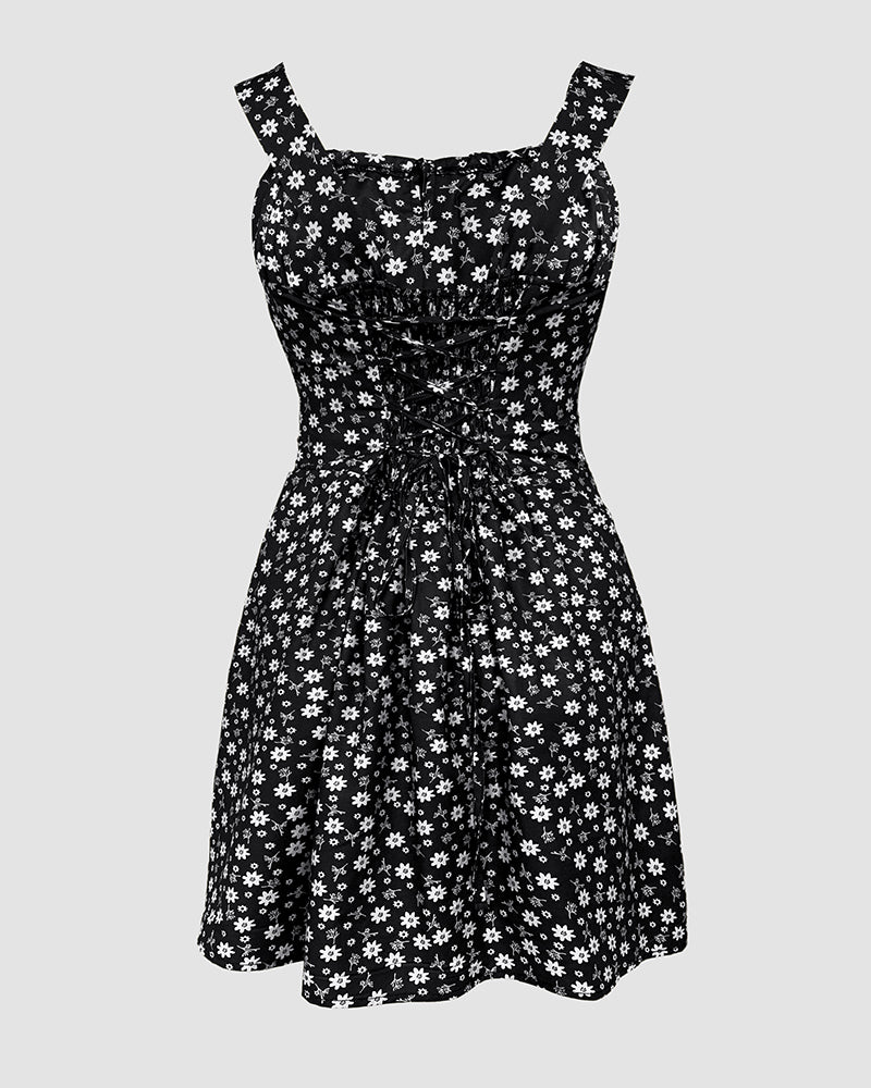 Floral Print Square Neck Thick Strap Tied Detail Romper Casual Shirred Lace-up Back Slit Skort Romper