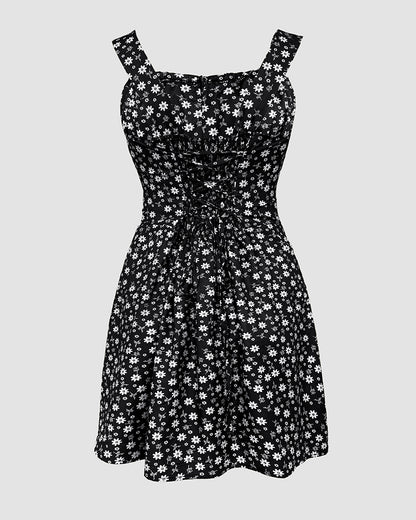 Floral Print Square Neck Thick Strap Tied Detail Romper Casual Shirred Lace-up Back Slit Skort Romper