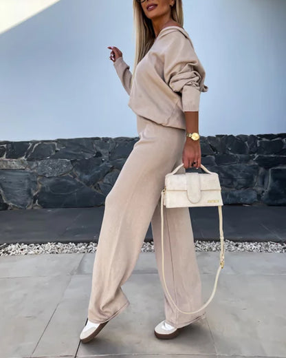 Women's Two-Piece Knit Set Long Sleeve Hoodie Top and Wide-Leg Pants Set Casual Cozy Lounge Outfit