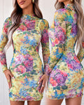 Women's Watercolor Floral Sheer Mesh Mock Neck Mini Dress with Cami Slip Dress