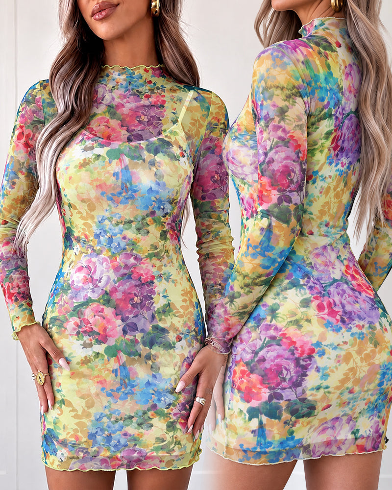 Women's Watercolor Floral Sheer Mesh Mock Neck Mini Dress with Cami Slip Dress