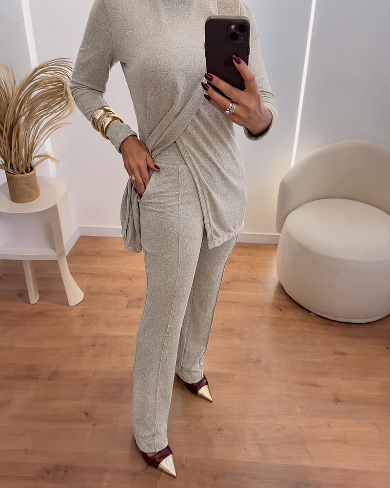 Women's 2 Piece Knit Outfits Mock Neck Long Sleeve Asymmetrical Longline Top and Straight Leg Pants Set