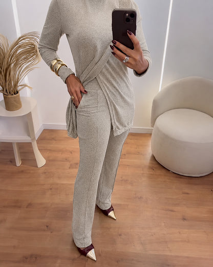 Women's 2 Piece Knit Outfits Mock Neck Long Sleeve Asymmetrical Longline Top and Straight Leg Pants Set