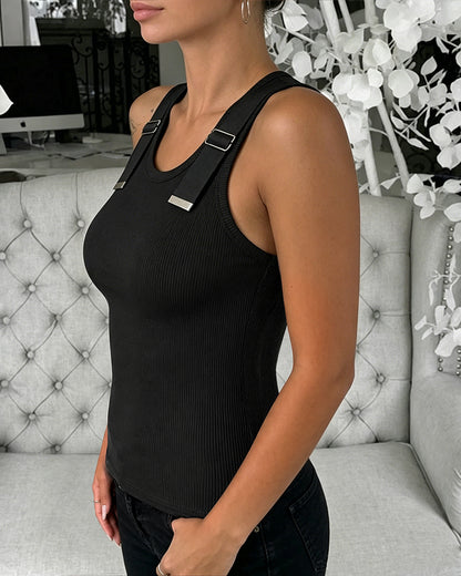 Women's Ribbed Knit Tank Top Adjustable Buckle Strap Side Ruched Knit Top Curved Hem Slim Fit Vest