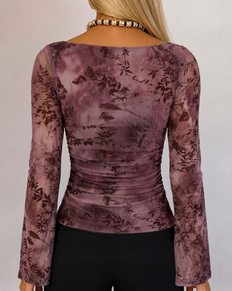 Women's Vintage Flocked Floral Boat Neck Ruched Mesh Top Long Flare Sleeve Crop Pullover