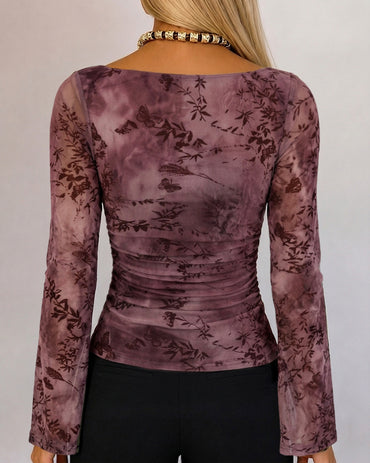 Women's Vintage Flocked Floral Boat Neck Ruched Mesh Top Long Flare Sleeve Crop Pullover