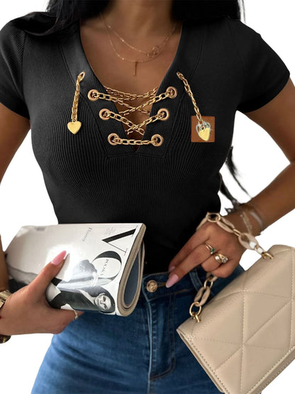 Chain Decor Lace Up V Neck Short Sleeve T-Shirt Casual Rhinestone Patch Slim Fit Top