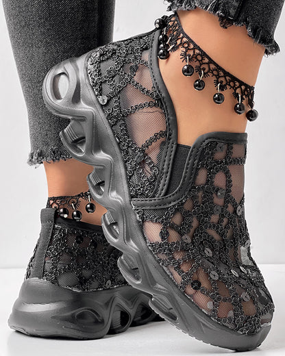 Contrast Sequin Sheer Mesh Patch Breathable Sneakers