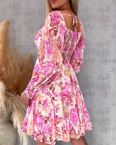 Women's French Floral Dress Sweetheart Neck Puff Sleeve Ruffle A Line Dress Casual Tied Detail Shirred Vacation Dress