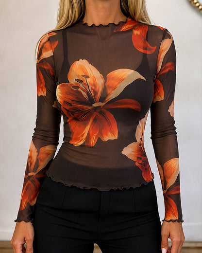 Women's Floral Print Sheer Mesh Top Frill Trim Mock Neck Long Sleeve Tee