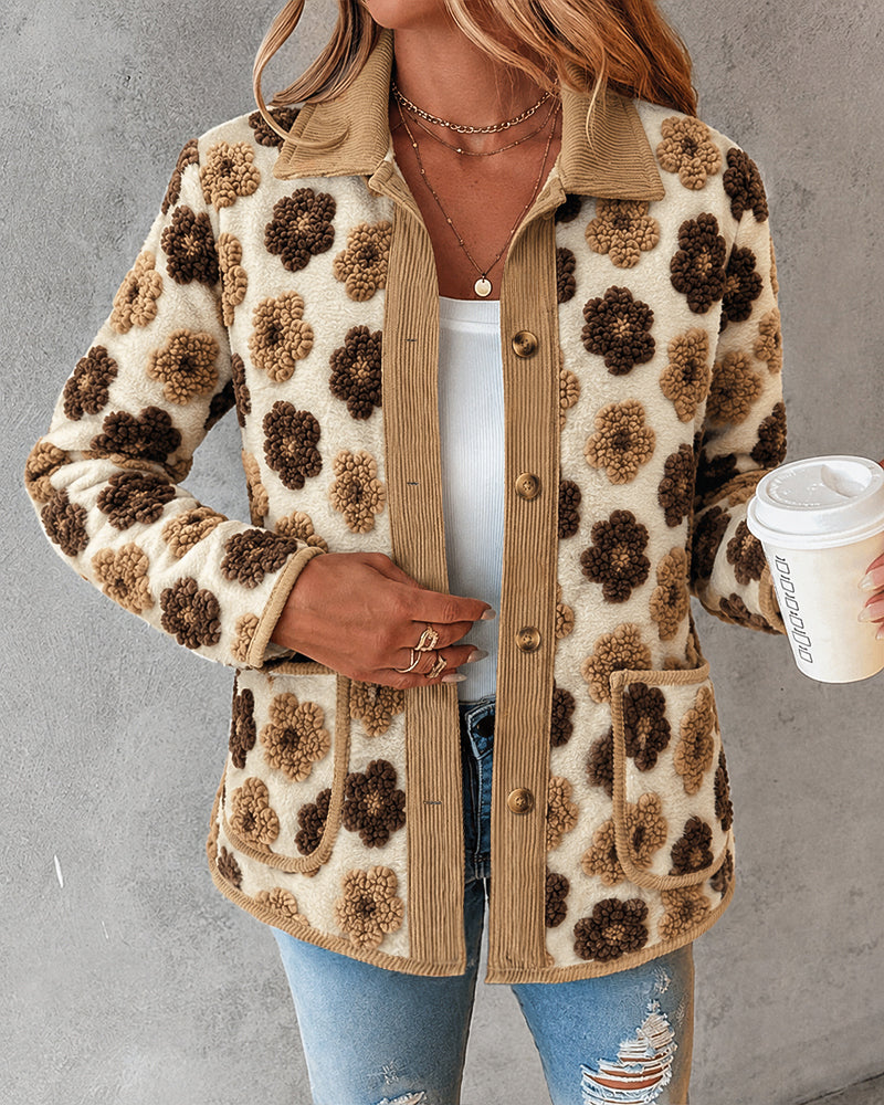 Women's 3D Faux Shearling Floral Jacket Corduroy Trim Button Down Fleece Coat