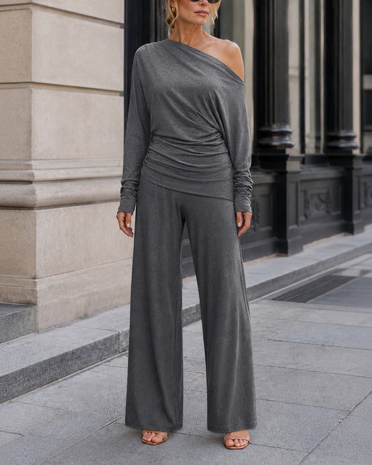 Women's 2 Piece Outfits Skew Neck Ruched Asymmetric Hem Top and Wide Leg Pants Set Casual Lounge Set