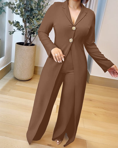 Notched Collar Long Sleeve Button Front Jumpsuit Casual Cinched Waist Wide Leg Faux Two Piece Jumpsuit