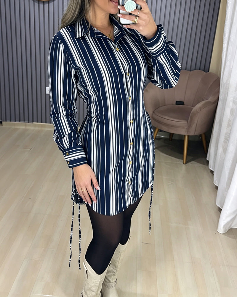 Women's Striped Shirt Dress Button Down Long Sleeve Shirred Waist Casual Dress