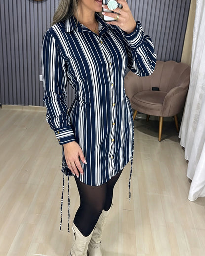 Women's Striped Shirt Dress Button Down Long Sleeve Shirred Waist Casual Dress
