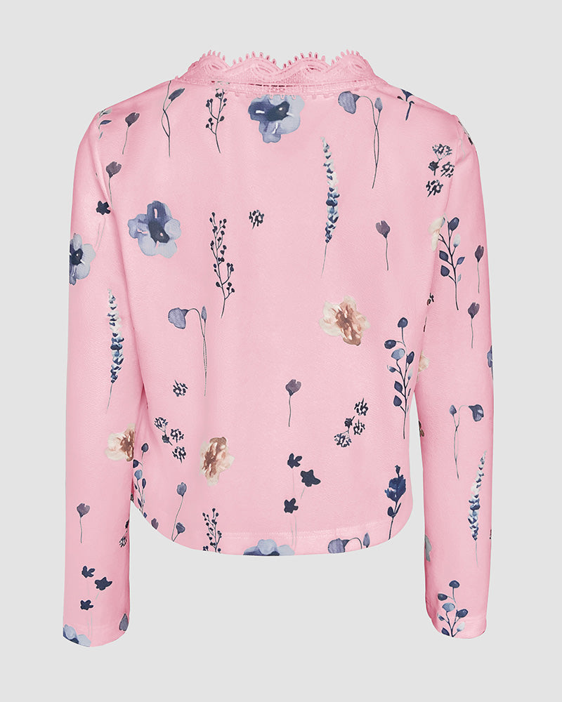 Floral Print Open Front Long Sleeve Casual Contrast Lace Short Cardigan