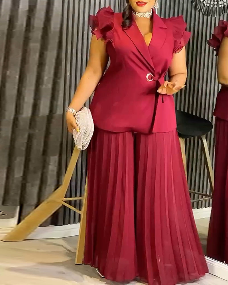 Trendy Two-Piece Set Ruffles Sleeve Waist Tied Detail Blazer and Casual Wide Leg Pleated Pants Set