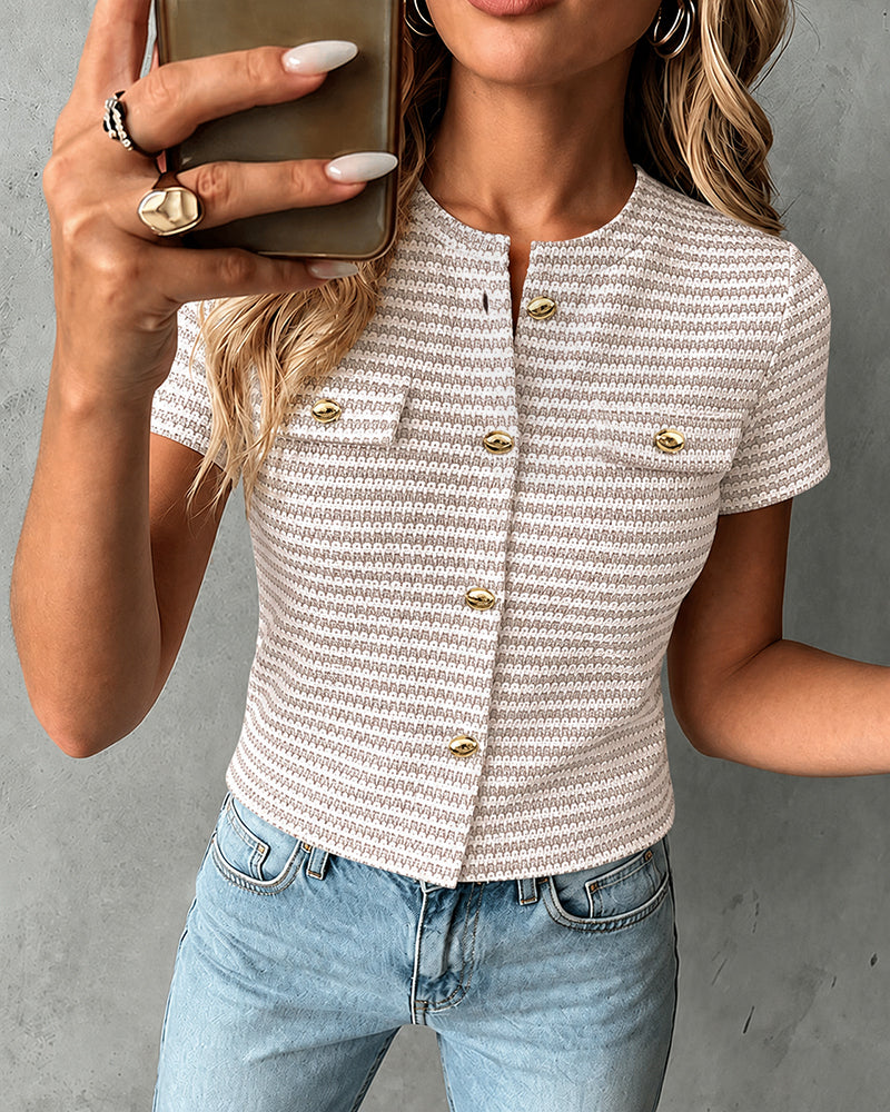 Women's Striped Knit Top Gold Button Textured Short Sleeve Blouse Round Neck Elegant Casual Shirt