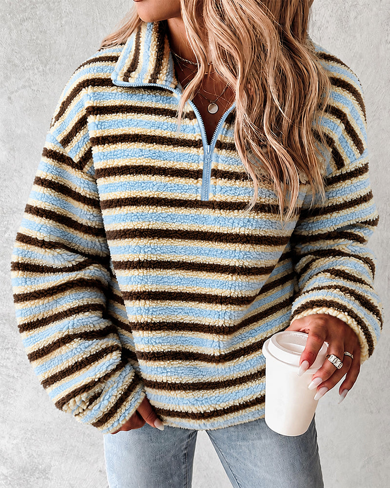 Women's Striped Fleece Sweatshirt Half Zip Fuzzy Sherpa Pullover Top