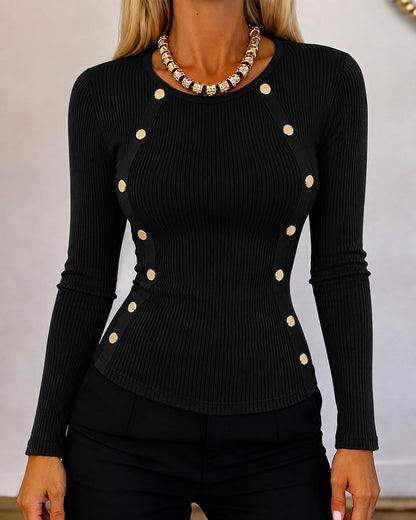 Women's Gold Button Long Sleeve Crewneck Ribbed Knit Slim Fit Top