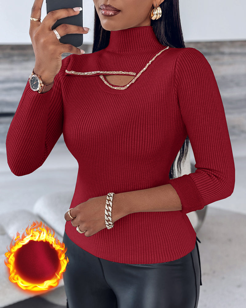 High Neck Long Sleeve Beaded Knit Sweater Hollow-out Fleece Lined Basic Layering Soft Versatile Thermal Top 1 High Neck Long Sleeve Beaded Knit Sweater Hollow-out Fleece Lined Basic Layering Soft Versatile Thermal Top