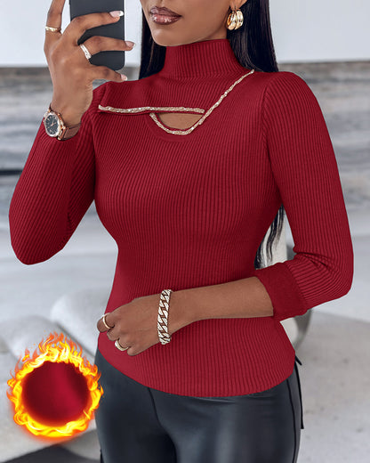 High Neck Long Sleeve Beaded Knit Sweater Hollow-out Fleece Lined Basic Layering Soft Versatile Thermal Top