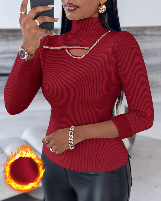 High Neck Long Sleeve Beaded Knit Sweater Hollow-out Fleece Lined Basic Layering Soft Versatile Thermal Top