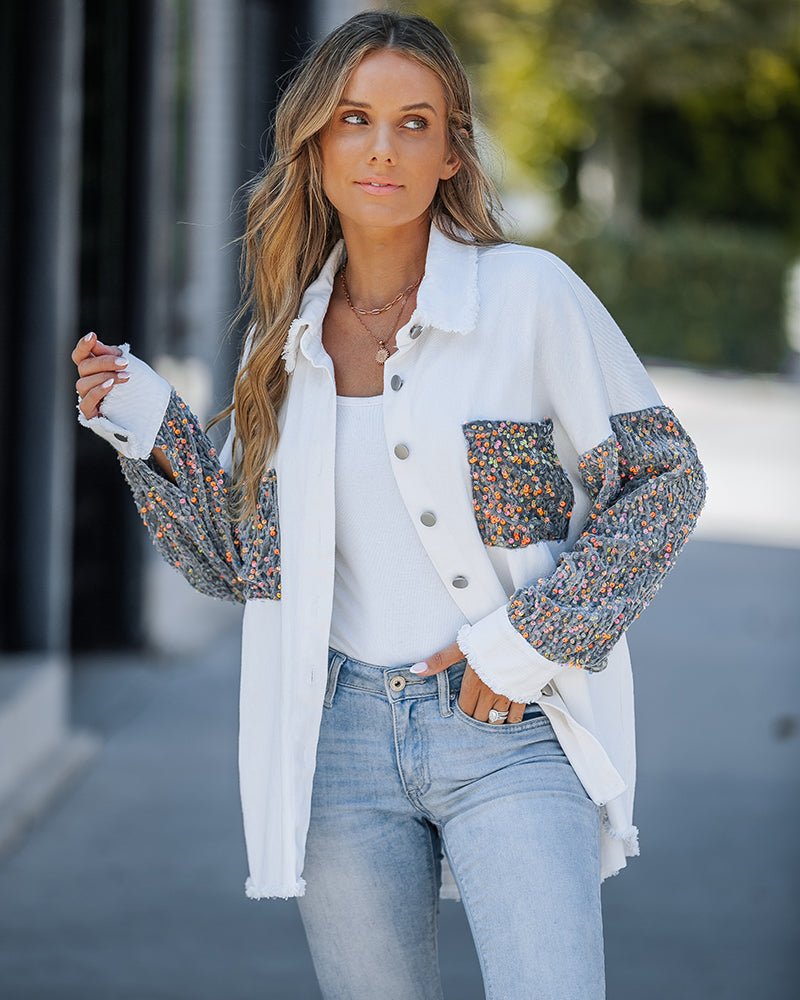 Casual Jacket Sequin Patchwork Long Sleeve Jacket Top Button Front Raw Hem Oversized Denim Shacket