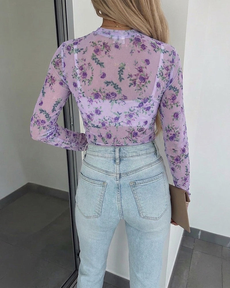 Women's Floral Print Sheer Mesh Top Long Sleeve Slim Fit Crewneck Layering Top with Thumb Hole Cuffs