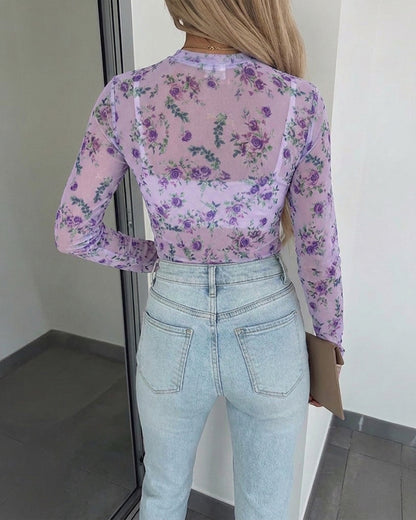 Women's Floral Print Sheer Mesh Top Long Sleeve Slim Fit Crewneck Layering Top with Thumb Hole Cuffs