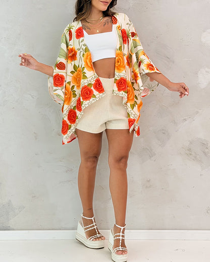 Tropical Floral & Animal Print Open Front Half Sleeve Cover-up Casual Hollow-out Back Loose Fit Cardigan