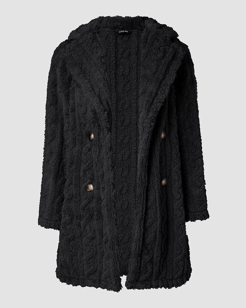 Cable Textured Lapel Neck Button Front Pocket Design Thermal Teddy Coat