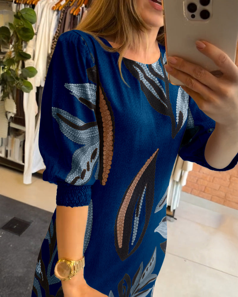 Plants Print Round Neck Half Sleeve Midi Dress