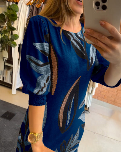Plants Print Round Neck Half Sleeve Midi Dress