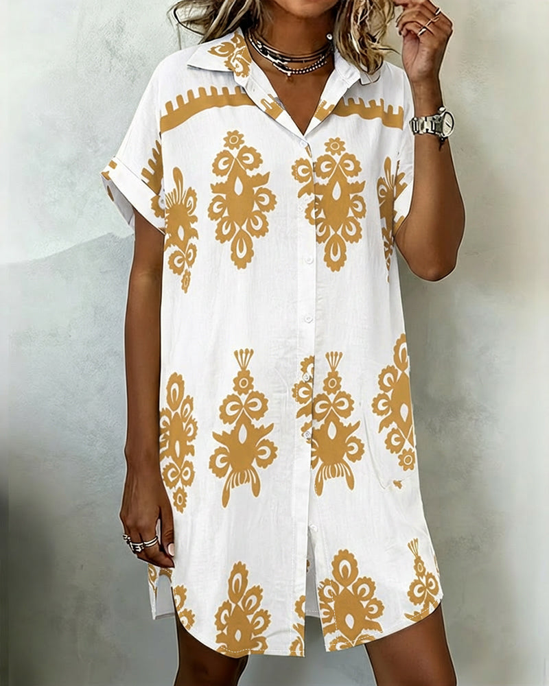 Vintage Baroque Placement Print Turn-down Collar Rolled Cuffs Button Down Shirt Dress Casual Curved Hem Vacation Dress with Pockets