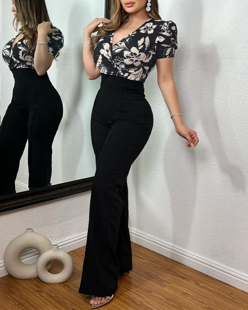 Colorblock Floral Print Spliced Deep V Neck Puff Sleeve Slim Fit Overalls Elegant Ruched Zipper Back Jumpsuit