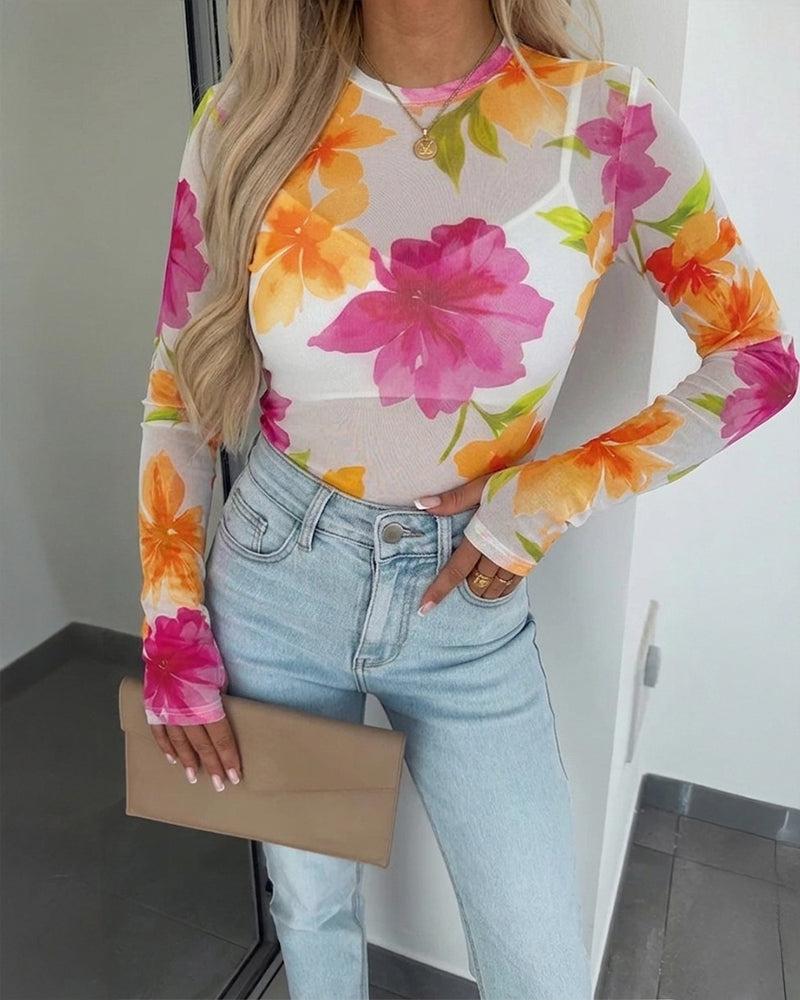 Women's Floral Print Sheer Mesh Top Long Sleeve Slim Fit Crewneck Layering Top with Thumb Hole Cuffs
