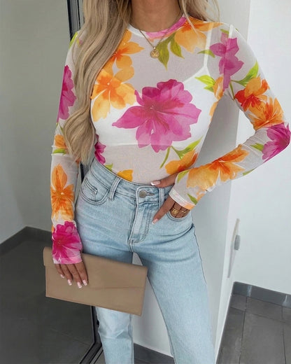 Women's Floral Print Sheer Mesh Top Long Sleeve Slim Fit Crewneck Layering Top with Thumb Hole Cuffs