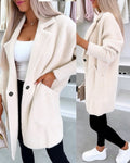Notched Collar Long Sleeve Single Breasted Coat Casual Mid-legth Fuzzy Coat with Pockets