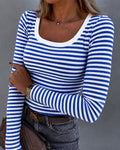Women's Striped Ribbed U-Neck Long Sleeve Top Slim Fit Contrast Trim Tee