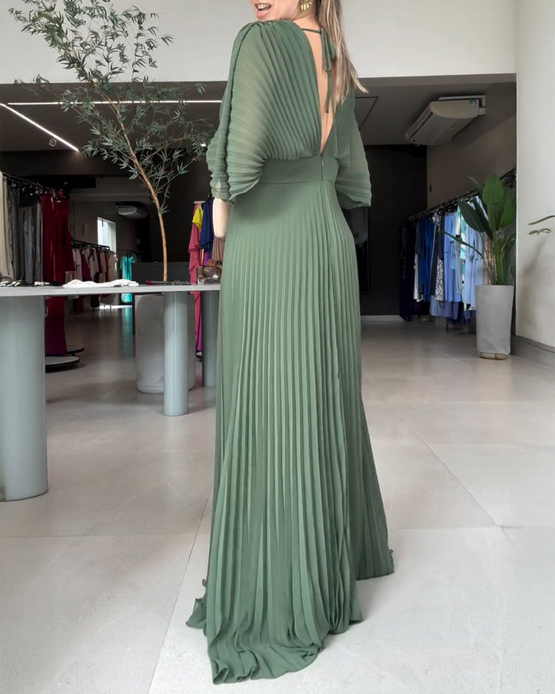 Deep V-Neck Batwing Sleeve High Waist Pleated Maxi Dress Casual Cinched Waist Backless Tied Detail Zipper Back Evening Dress
