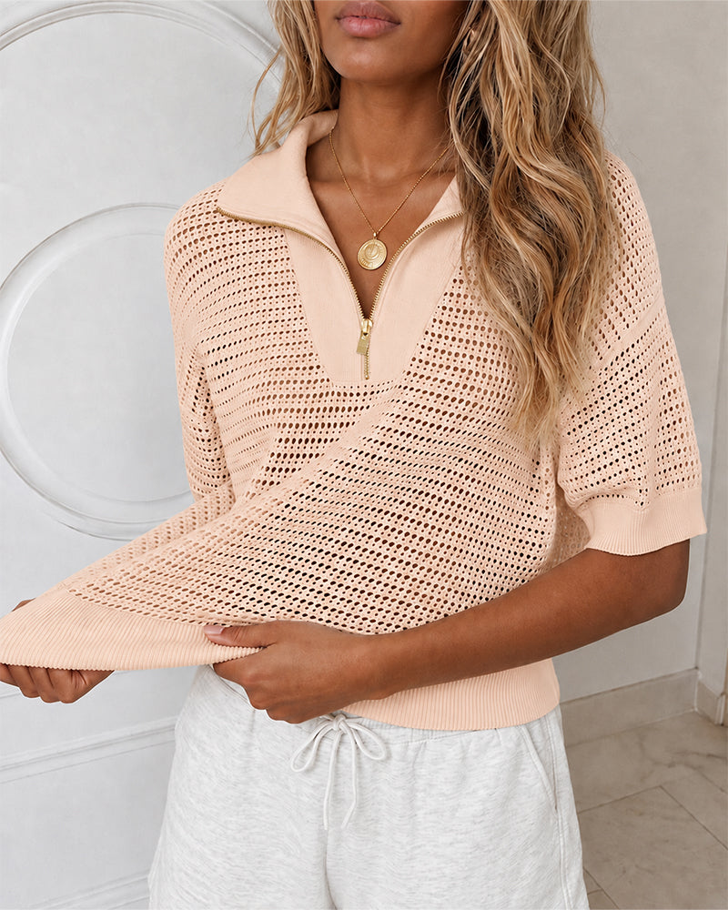 Women's Half Zip Polo Knit Top Short Sleeve Hollow-out Sweater