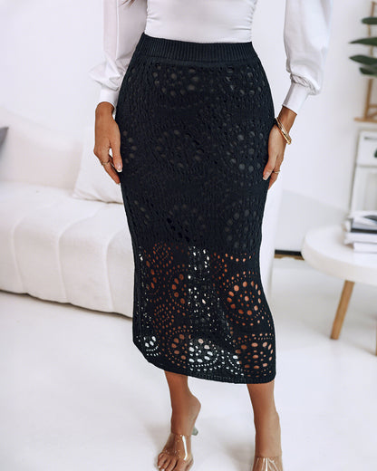 Crochet Pattern Elastic Waist Hollow-out Mid-Calf Skirt Casual Commuting Skirt